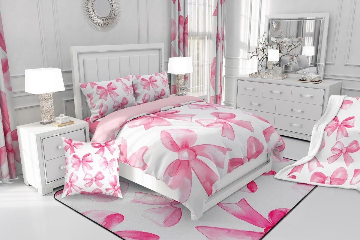 Erosebridal Pink Bowknot Comforter Set for Girls, Dreamy Princess Bowknot Bedding Set Full Size Girly Bow Quilt for Kids Children Women, Kawaii Decor Bedding Comforter Sets with 2 Pillow Cases