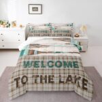 jejeloiu Lake House Comforter Set King Size Cabin Lodge Rustic Farmhouse Style Bedding Set Men Women Adult Retro Wooden Boating Oar Comforter Geometric Plaid Duvet Set