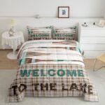 jejeloiu Lake House Comforter Set King Size Cabin Lodge Rustic Farmhouse Style Bedding Set Men Women Adult Retro Wooden Boating Oar Comforter Geometric Plaid Duvet Set