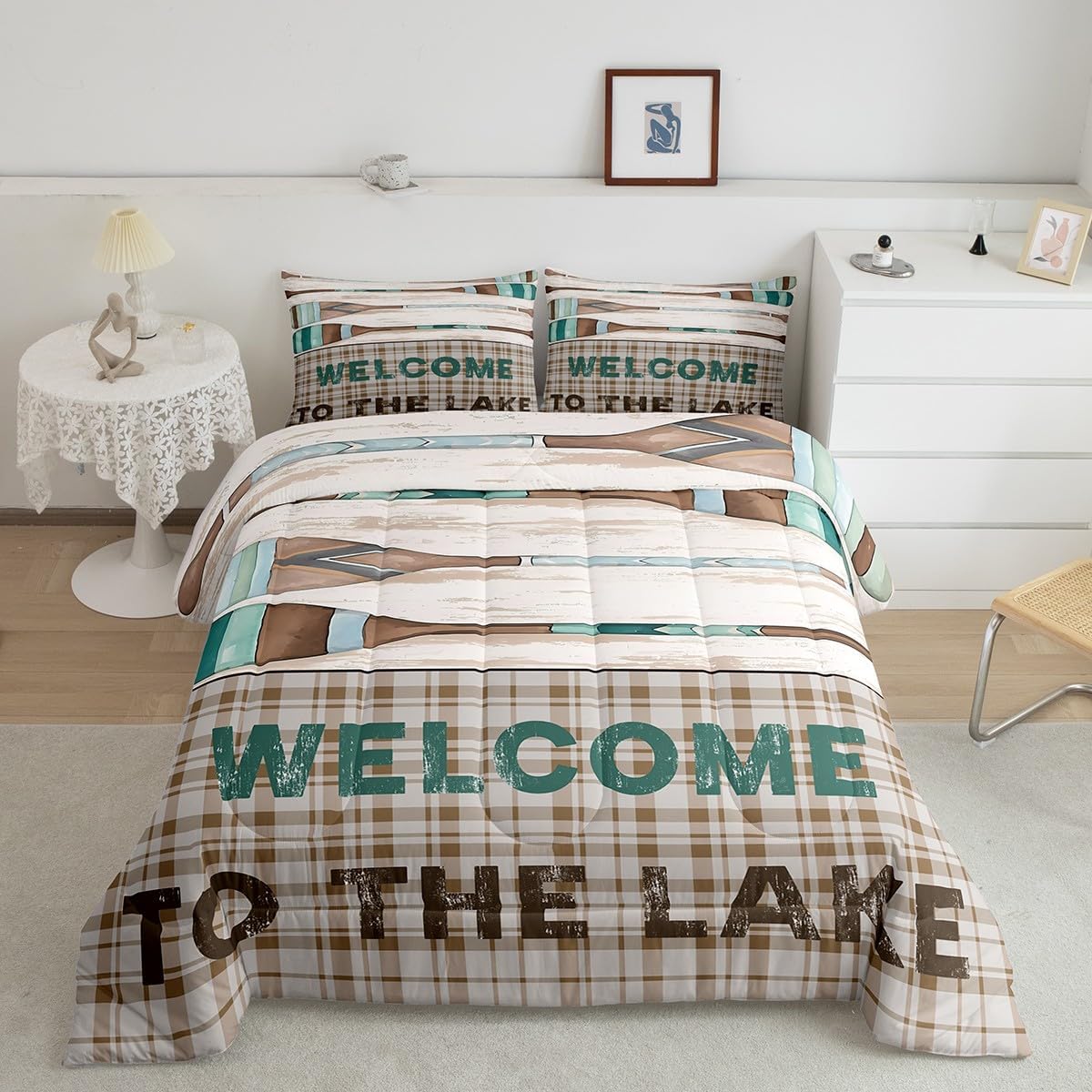 jejeloiu Lake House Comforter Set King Size Cabin Lodge Rustic Farmhouse Style Bedding Set Men Women Adult Retro Wooden Boating Oar Comforter Geometric Plaid Duvet Set