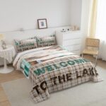 jejeloiu Lake House Comforter Set King Size Cabin Lodge Rustic Farmhouse Style Bedding Set Men Women Adult Retro Wooden Boating Oar Comforter Geometric Plaid Duvet Set
