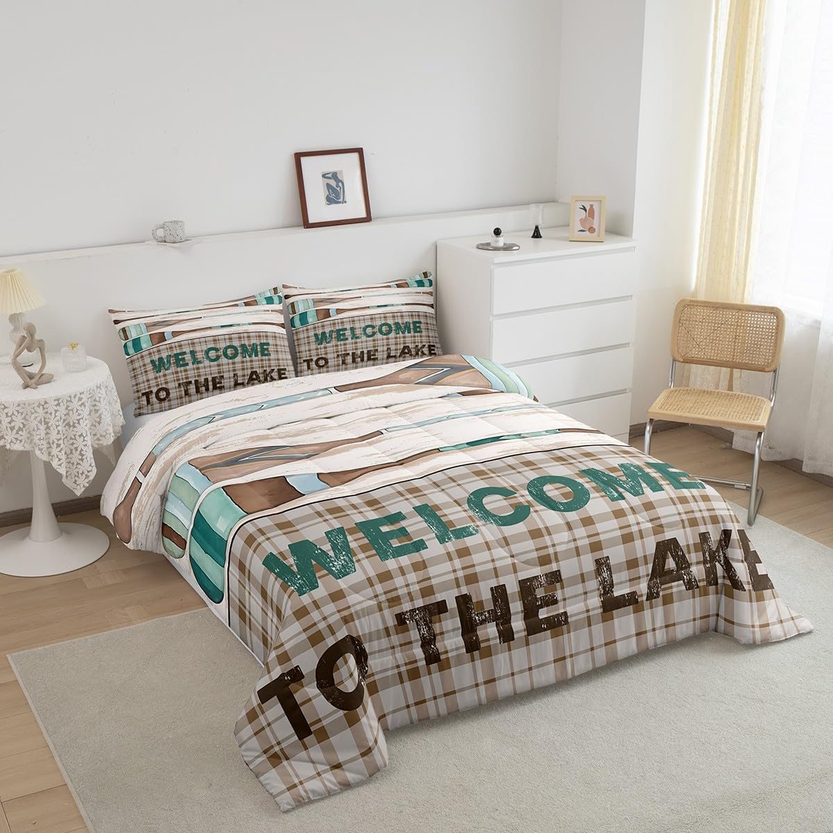 jejeloiu Lake House Comforter Set King Size Cabin Lodge Rustic Farmhouse Style Bedding Set Men Women Adult Retro Wooden Boating Oar Comforter Geometric Plaid Duvet Set