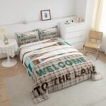 jejeloiu Lake House Comforter Set King Size Cabin Lodge Rustic Farmhouse Style Bedding Set Men Women Adult Retro Wooden Boating Oar Comforter Geometric Plaid Duvet Set