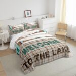 jejeloiu Lake House Comforter Set King Size Cabin Lodge Rustic Farmhouse Style Bedding Set Men Women Adult Retro Wooden Boating Oar Comforter Geometric Plaid Duvet Set