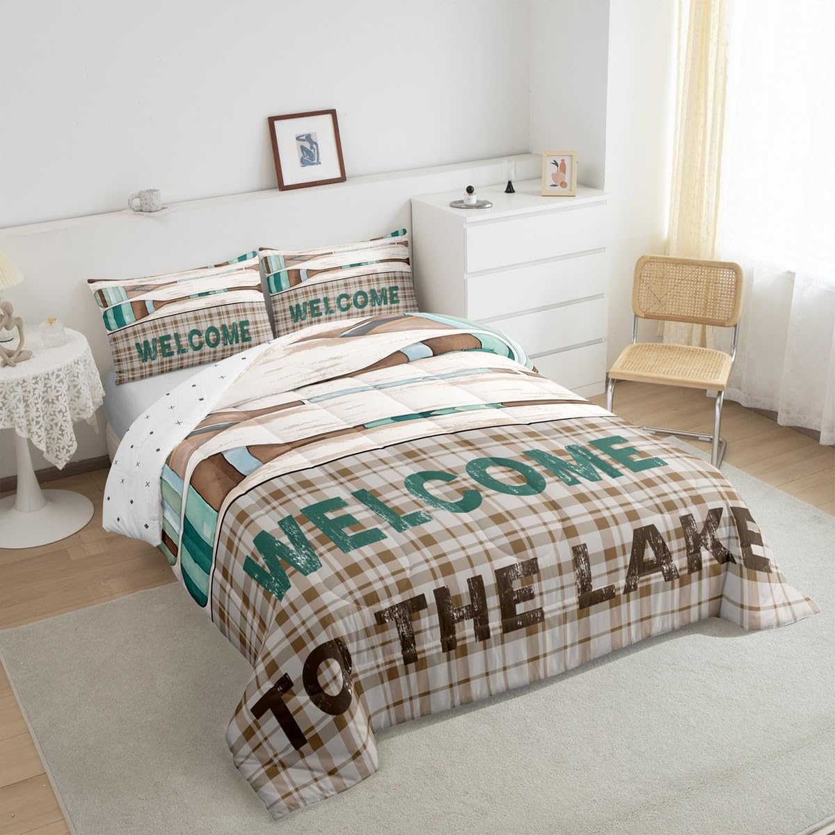 jejeloiu Lake House Comforter Set King Size Cabin Lodge Rustic Farmhouse Style Bedding Set Men Women Adult Retro Wooden Boating Oar Comforter Geometric Plaid Duvet Set