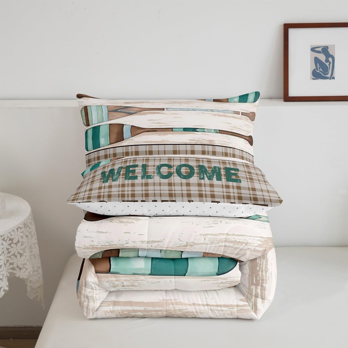 jejeloiu Lake House Comforter Set King Size Cabin Lodge Rustic Farmhouse Style Bedding Set Men Women Adult Retro Wooden Boating Oar Comforter Geometric Plaid Duvet Set