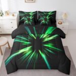 jejeloiu Geometric Abstract Ombre Comforter Set Queen 7 Pieces Green and Teal Striped Simple Modern Bedding Set Luxury Art Bed in a Bag with Comforter, Sheets, Pillowcases & Cushion Cover