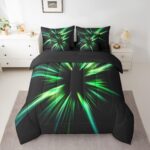 jejeloiu Geometric Abstract Ombre Comforter Set Queen 7 Pieces Green and Teal Striped Simple Modern Bedding Set Luxury Art Bed in a Bag with Comforter, Sheets, Pillowcases & Cushion Cover