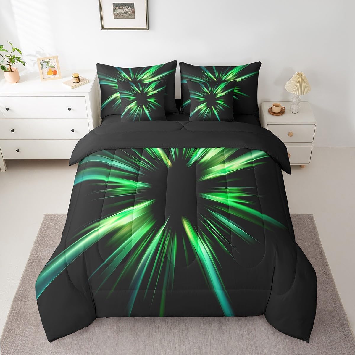 jejeloiu Geometric Abstract Ombre Comforter Set Queen 7 Pieces Green and Teal Striped Simple Modern Bedding Set Luxury Art Bed in a Bag with Comforter, Sheets, Pillowcases & Cushion Cover