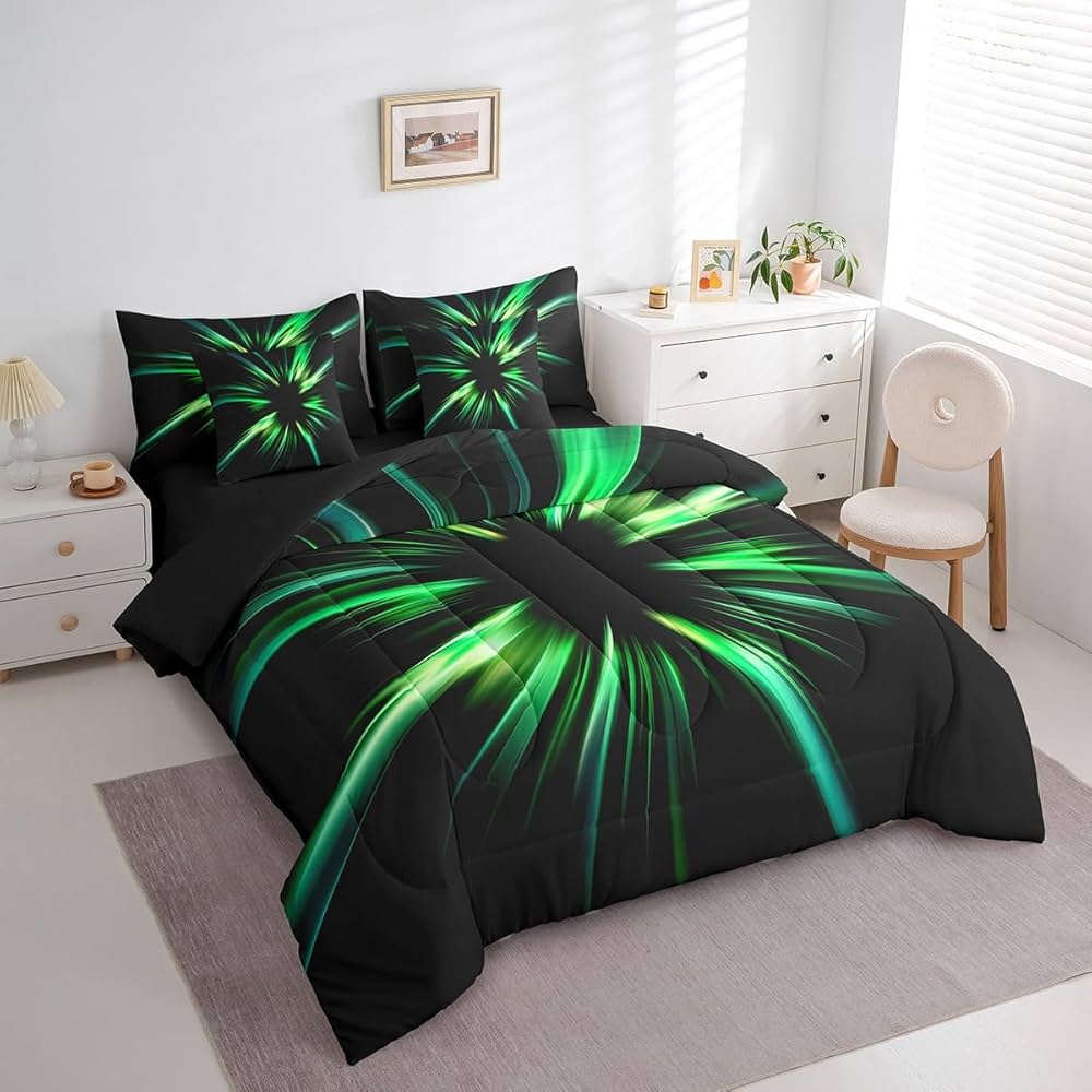jejeloiu Geometric Abstract Ombre Comforter Set Queen 7 Pieces Green and Teal Striped Simple Modern Bedding Set Luxury Art Bed in a Bag with Comforter, Sheets, Pillowcases & Cushion Cover
