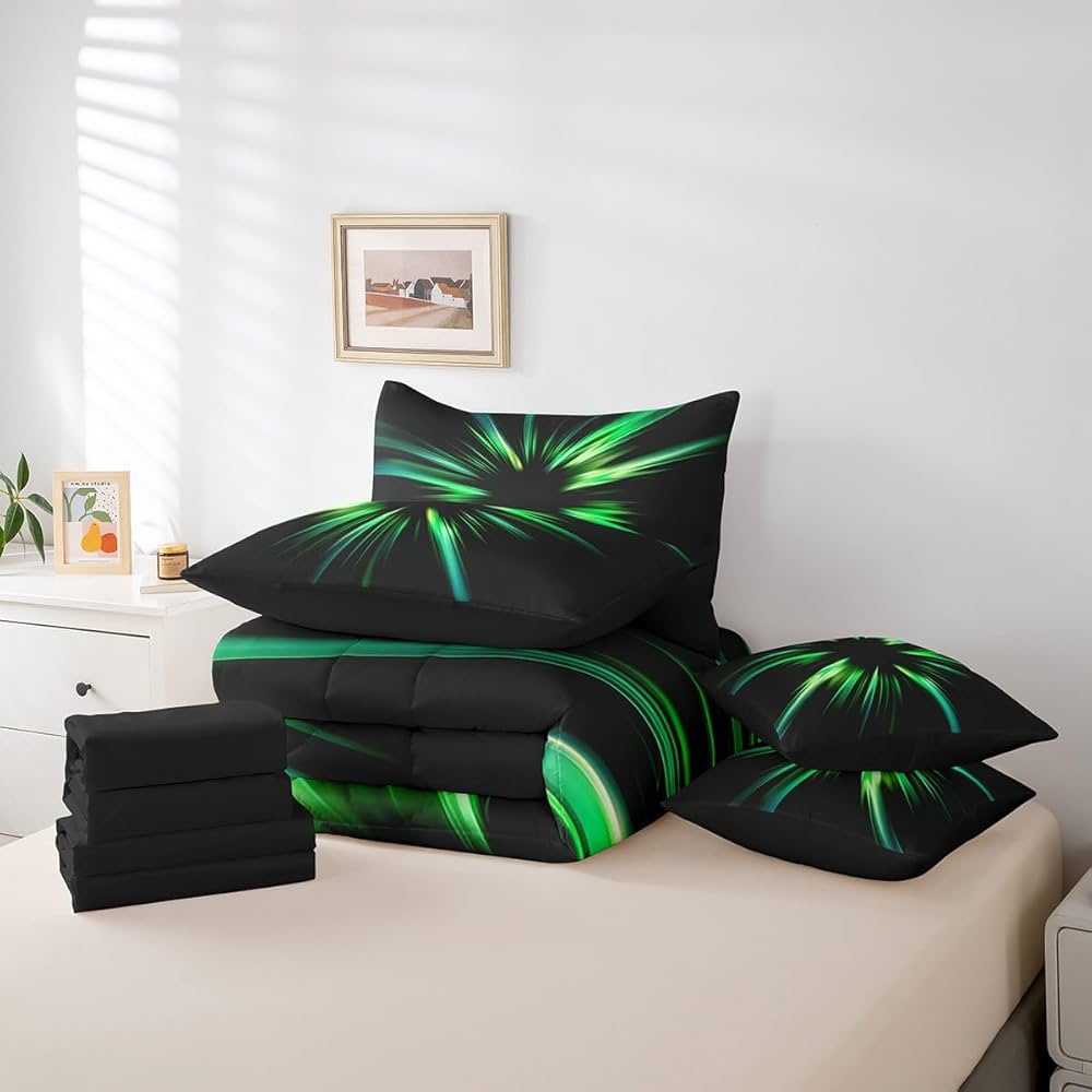 jejeloiu Geometric Abstract Ombre Comforter Set Queen 7 Pieces Green and Teal Striped Simple Modern Bedding Set Luxury Art Bed in a Bag with Comforter, Sheets, Pillowcases & Cushion Cover