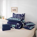 jejeloiu Lake House Comforter Set Full Size 7 Pieces Navy Blue Farmhouse Style Summer Ocean Themed Bedding Set Nautical Sea Adventure Bed in a Bag with Comforter, Sheets, Pillowcases & Cushion Cover