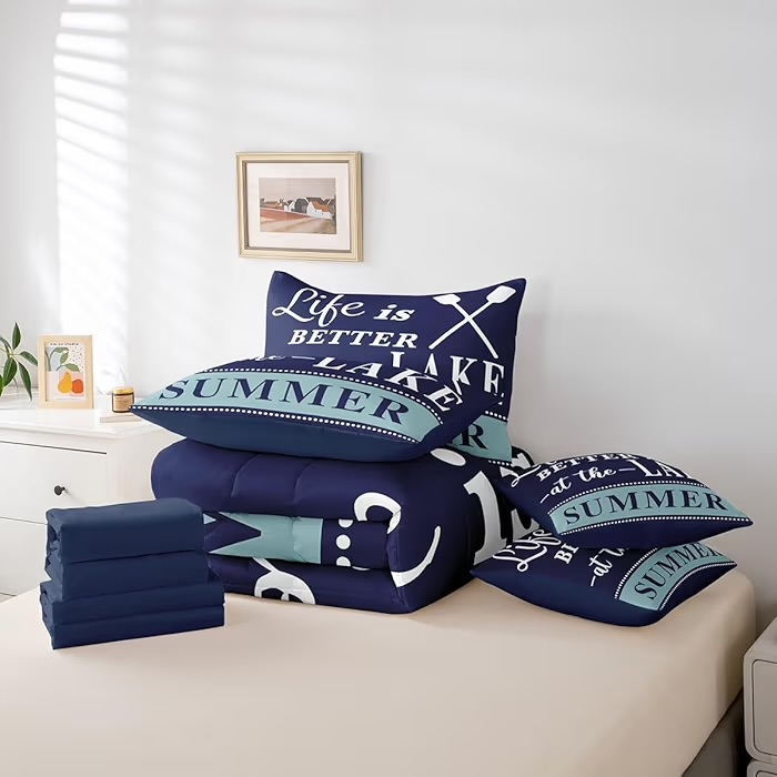 jejeloiu Lake House Comforter Set Full Size 7 Pieces Navy Blue Farmhouse Style Summer Ocean Themed Bedding Set Nautical Sea Adventure Bed in a Bag with Comforter, Sheets, Pillowcases & Cushion Cover