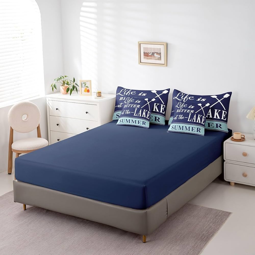 jejeloiu Lake House Comforter Set Full Size 7 Pieces Navy Blue Farmhouse Style Summer Ocean Themed Bedding Set Nautical Sea Adventure Bed in a Bag with Comforter, Sheets, Pillowcases & Cushion Cover