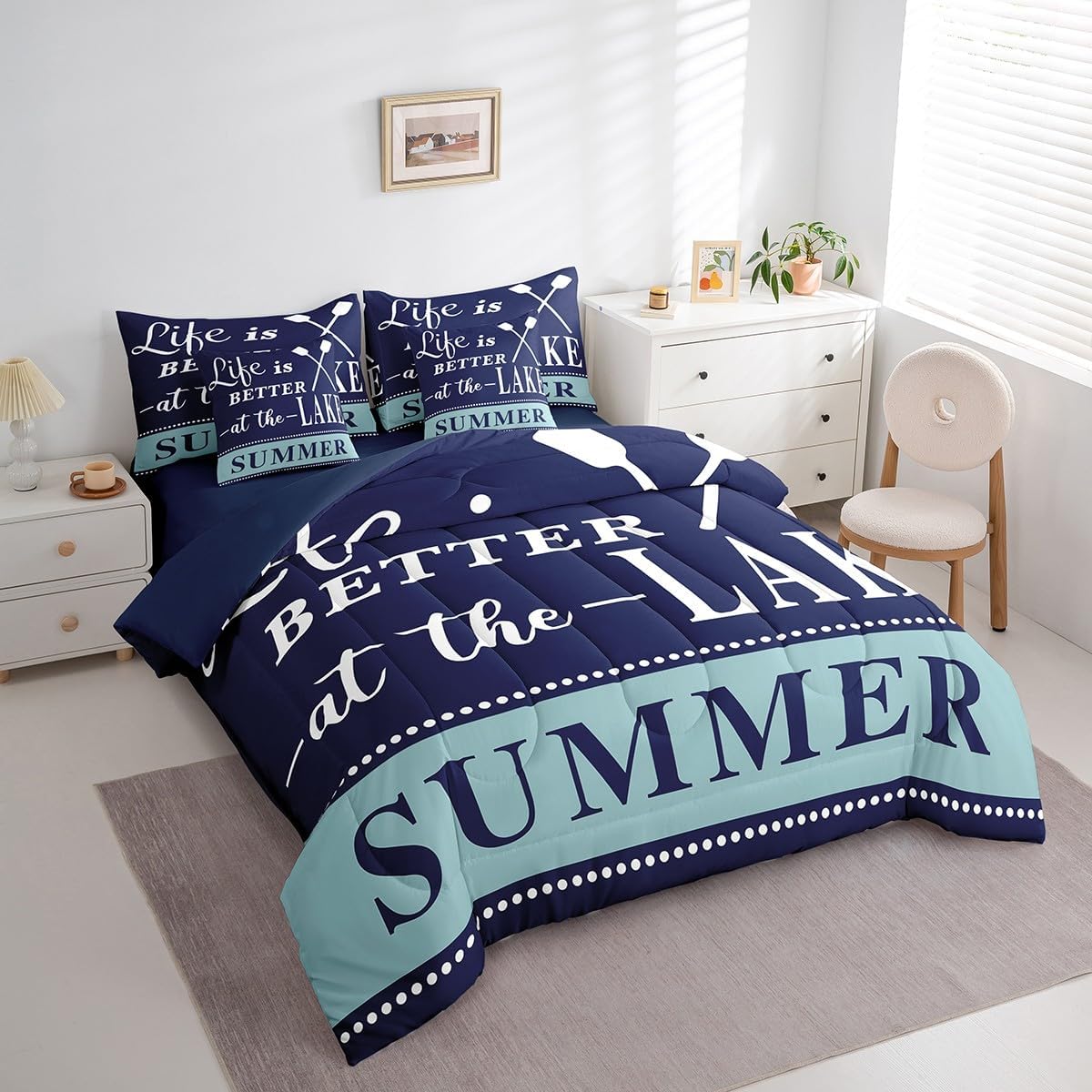 jejeloiu Lake House Comforter Set Full Size 7 Pieces Navy Blue Farmhouse Style Summer Ocean Themed Bedding Set Nautical Sea Adventure Bed in a Bag with Comforter, Sheets, Pillowcases & Cushion Cover
