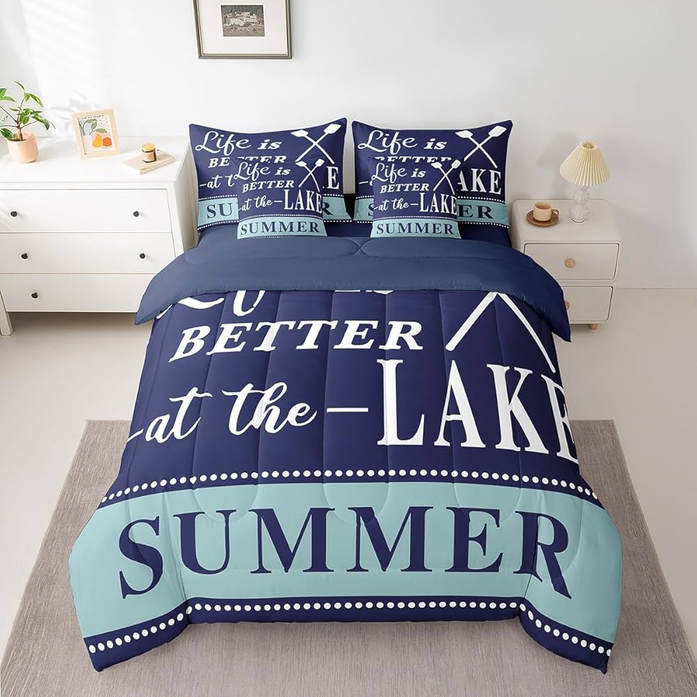 jejeloiu Lake House Comforter Set Full Size 7 Pieces Navy Blue Farmhouse Style Summer Ocean Themed Bedding Set Nautical Sea Adventure Bed in a Bag with Comforter, Sheets, Pillowcases & Cushion Cover