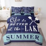 jejeloiu Lake House Comforter Set Full Size 7 Pieces Navy Blue Farmhouse Style Summer Ocean Themed Bedding Set Nautical Sea Adventure Bed in a Bag with Comforter, Sheets, Pillowcases & Cushion Cover