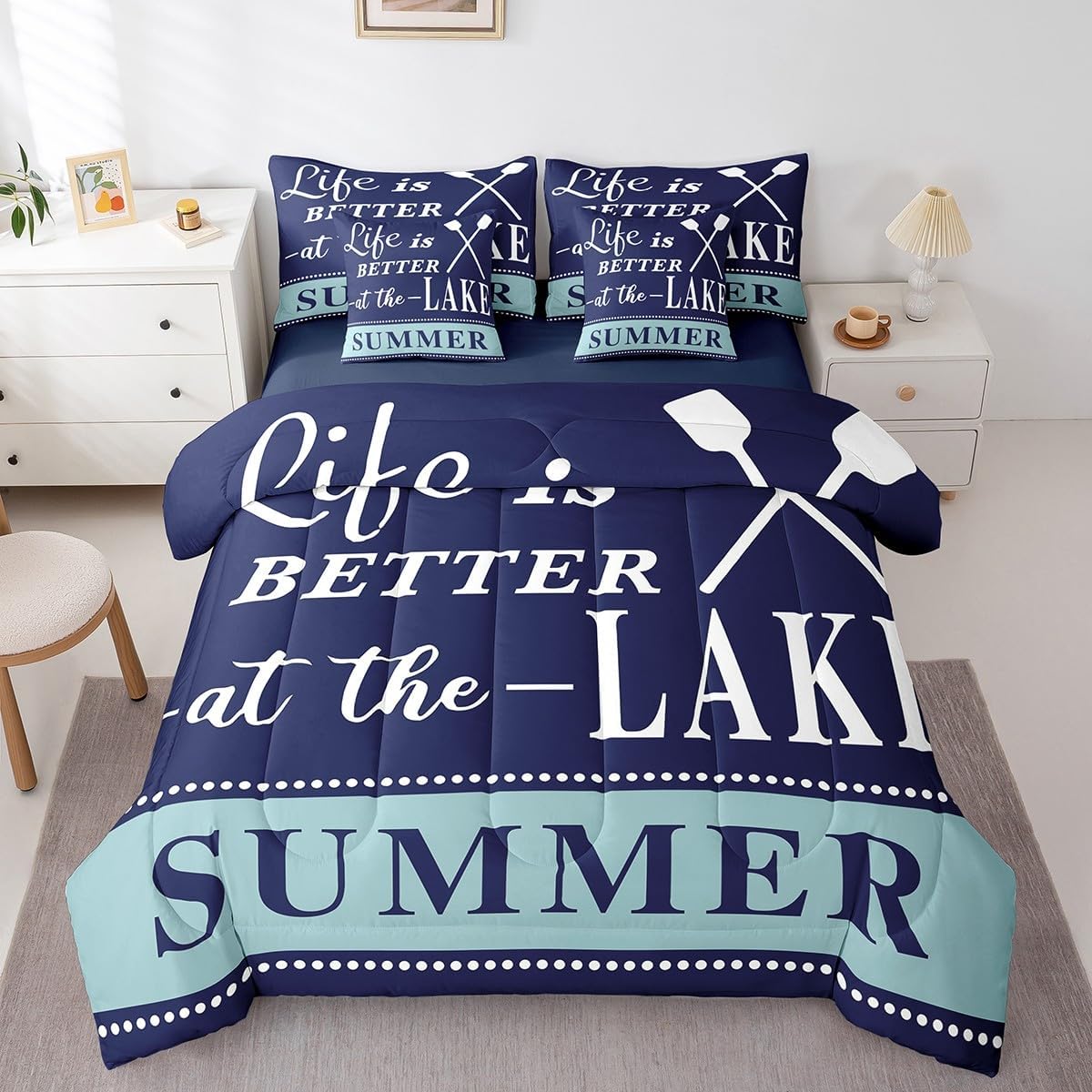 jejeloiu Lake House Comforter Set Full Size 7 Pieces Navy Blue Farmhouse Style Summer Ocean Themed Bedding Set Nautical Sea Adventure Bed in a Bag with Comforter, Sheets, Pillowcases & Cushion Cover