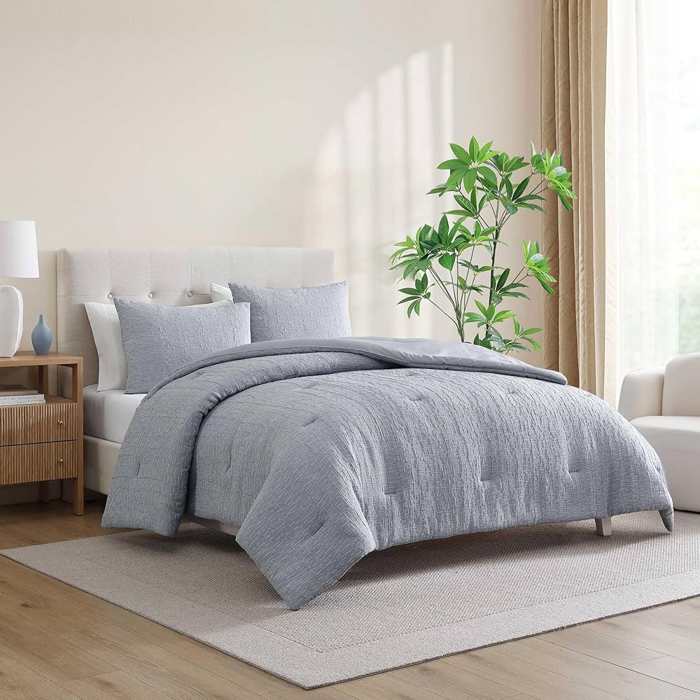 Nautica – Twin Comforter Set, Textured Chambray Bedding with Matching Sham, Medium-Weight for Year Round Use, Dorm Essentials, Oek-Tex Certified (Nautical Stitch Grey)