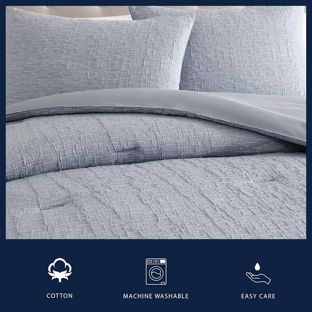 Nautica – Twin Comforter Set, Textured Chambray Bedding with Matching Sham, Medium-Weight for Year Round Use, Dorm Essentials, Oek-Tex Certified (Nautical Stitch Grey)