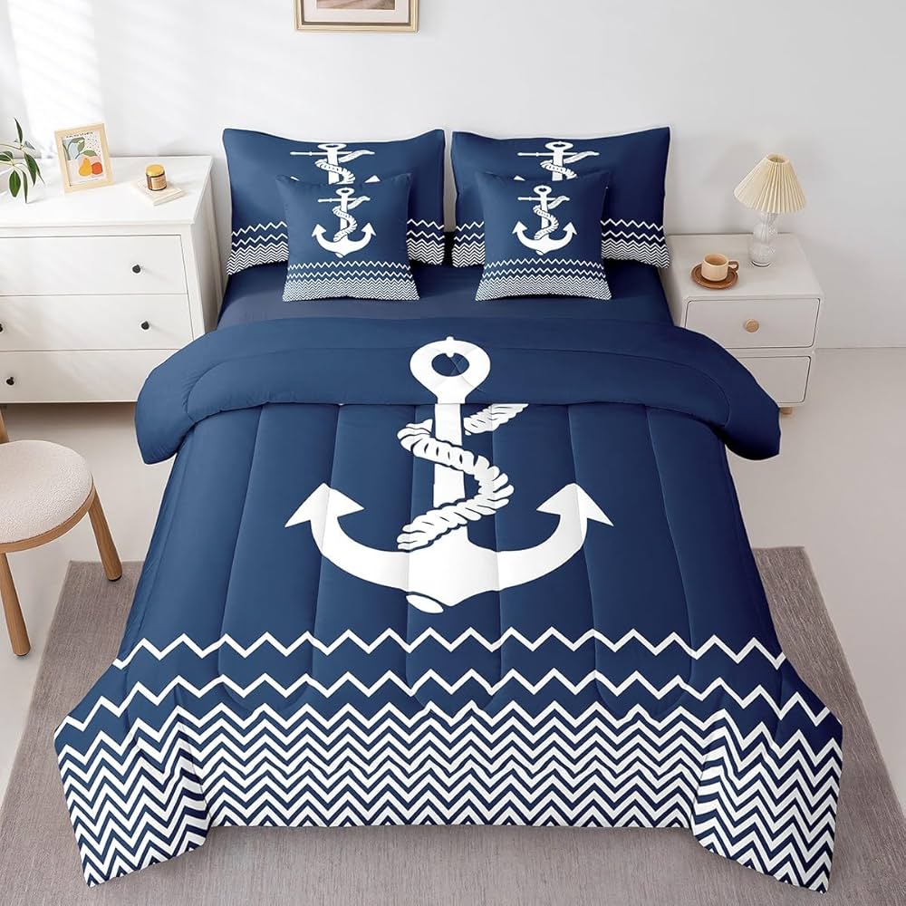 jejeloiu Anchor Decor Comforter Set Twin 7 Pcs Geometric Stripes Navy Blue Bedding Set Summer Nautical Sea Adventure Ocean Marine Theme Bed in a Bag with Comforter, Sheets, Pillowcases & Cushion Cover