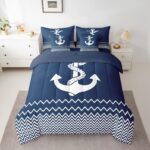 jejeloiu Anchor Decor Comforter Set Twin 7 Pcs Geometric Stripes Navy Blue Bedding Set Summer Nautical Sea Adventure Ocean Marine Theme Bed in a Bag with Comforter, Sheets, Pillowcases & Cushion Cover