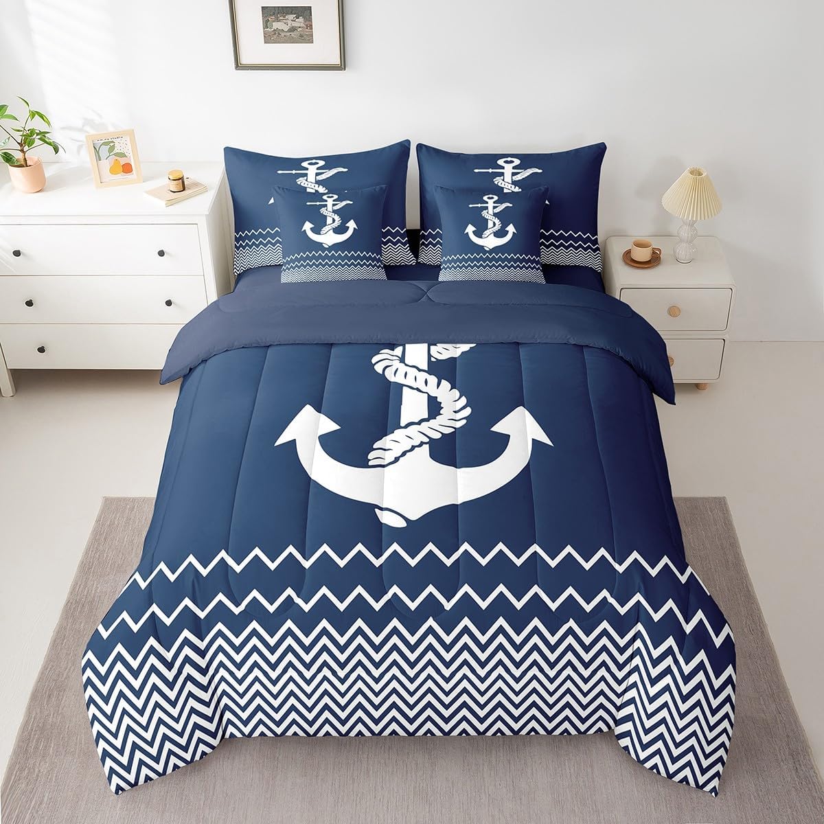 jejeloiu Anchor Decor Comforter Set Twin 7 Pcs Geometric Stripes Navy Blue Bedding Set Summer Nautical Sea Adventure Ocean Marine Theme Bed in a Bag with Comforter, Sheets, Pillowcases & Cushion Cover
