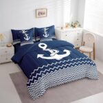 jejeloiu Anchor Decor Comforter Set Twin 7 Pcs Geometric Stripes Navy Blue Bedding Set Summer Nautical Sea Adventure Ocean Marine Theme Bed in a Bag with Comforter, Sheets, Pillowcases & Cushion Cover
