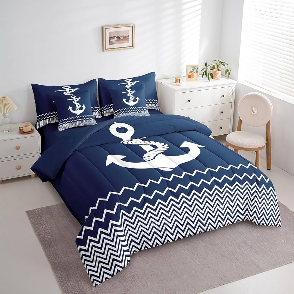 jejeloiu Anchor Decor Comforter Set Twin 7 Pcs Geometric Stripes Navy Blue Bedding Set Summer Nautical Sea Adventure Ocean Marine Theme Bed in a Bag with Comforter, Sheets, Pillowcases & Cushion Cover