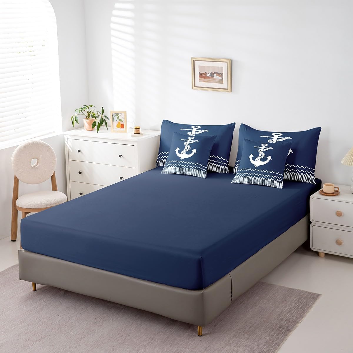 jejeloiu Anchor Decor Comforter Set Twin 7 Pcs Geometric Stripes Navy Blue Bedding Set Summer Nautical Sea Adventure Ocean Marine Theme Bed in a Bag with Comforter, Sheets, Pillowcases & Cushion Cover