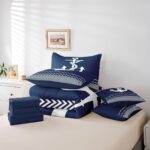 jejeloiu Anchor Decor Comforter Set Twin 7 Pcs Geometric Stripes Navy Blue Bedding Set Summer Nautical Sea Adventure Ocean Marine Theme Bed in a Bag with Comforter, Sheets, Pillowcases & Cushion Cover