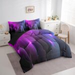 jejeloiu Geometric Comforter Queen 7 Pcs Honeycomb Hexagonal Geometrical Beehive Bedding Set Black Purple Simple Modern Abstract Art Bed in a Bag with Comforter, Sheets, Pillowcases & Cushion Cover