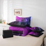 jejeloiu Geometric Comforter Queen 7 Pcs Honeycomb Hexagonal Geometrical Beehive Bedding Set Black Purple Simple Modern Abstract Art Bed in a Bag with Comforter, Sheets, Pillowcases & Cushion Cover