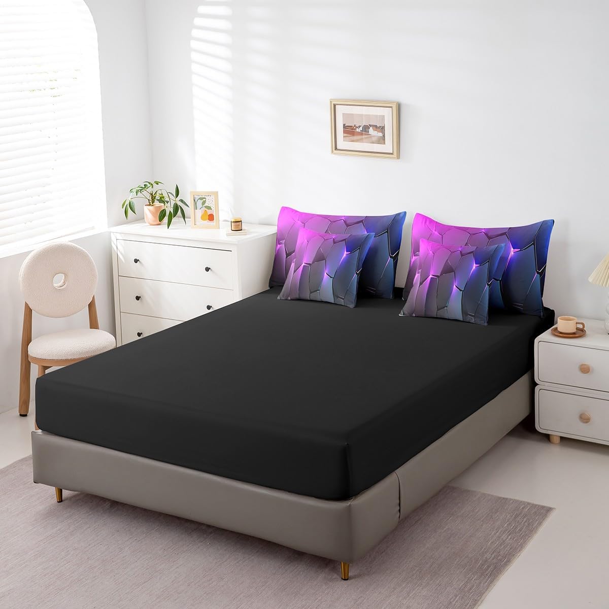 jejeloiu Geometric Comforter Queen 7 Pcs Honeycomb Hexagonal Geometrical Beehive Bedding Set Black Purple Simple Modern Abstract Art Bed in a Bag with Comforter, Sheets, Pillowcases & Cushion Cover