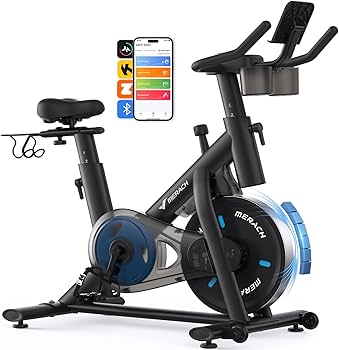 MERACH Exercise Bike, Brake Pad Stationary Bike with Exclusive App, Low Noise Indoor Cycling Bike with 300lbs Weight Capacity, Tablet Mount and Fitness Courses for Weight Loss
