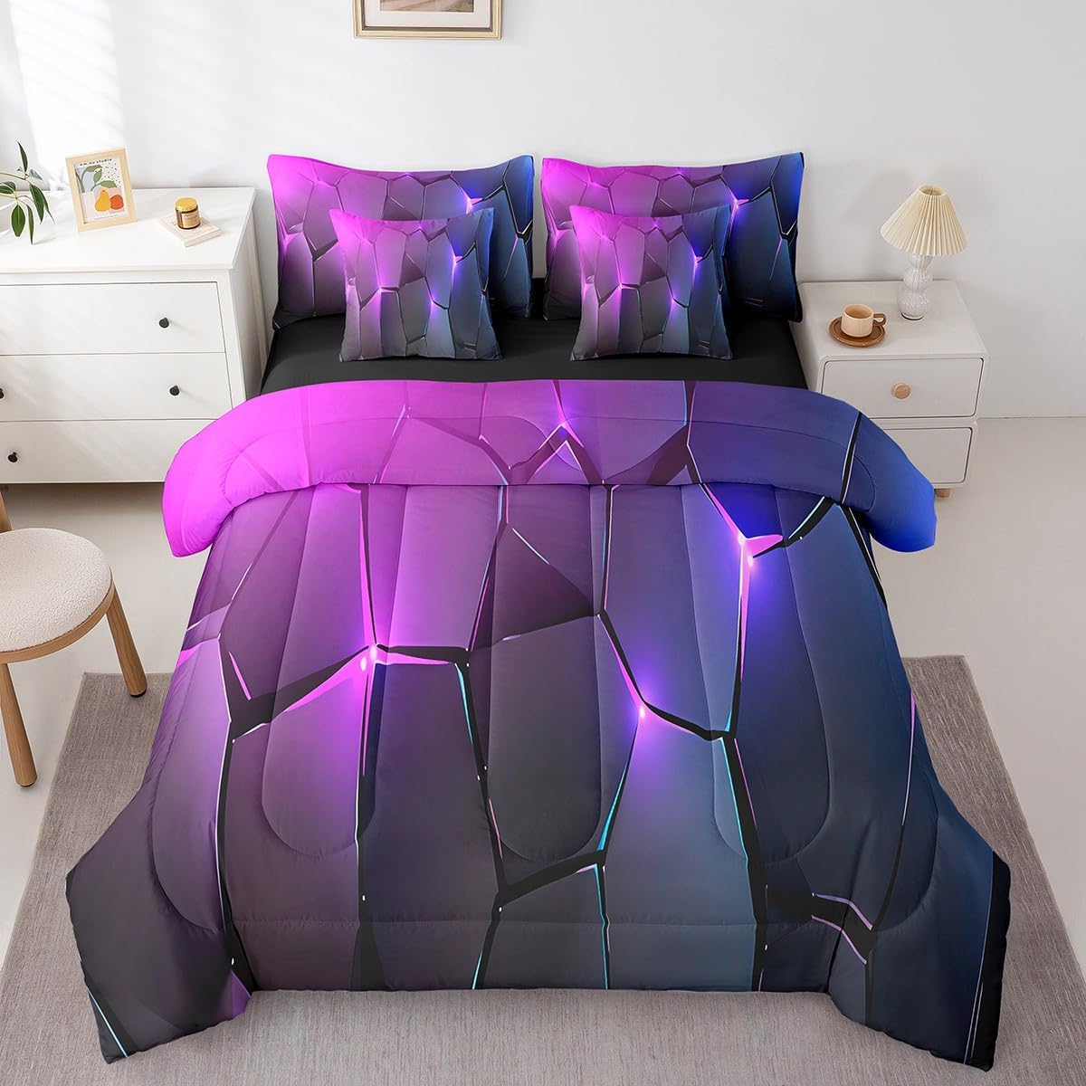 jejeloiu Geometric Comforter Queen 7 Pcs Honeycomb Hexagonal Geometrical Beehive Bedding Set Black Purple Simple Modern Abstract Art Bed in a Bag with Comforter, Sheets, Pillowcases & Cushion Cover