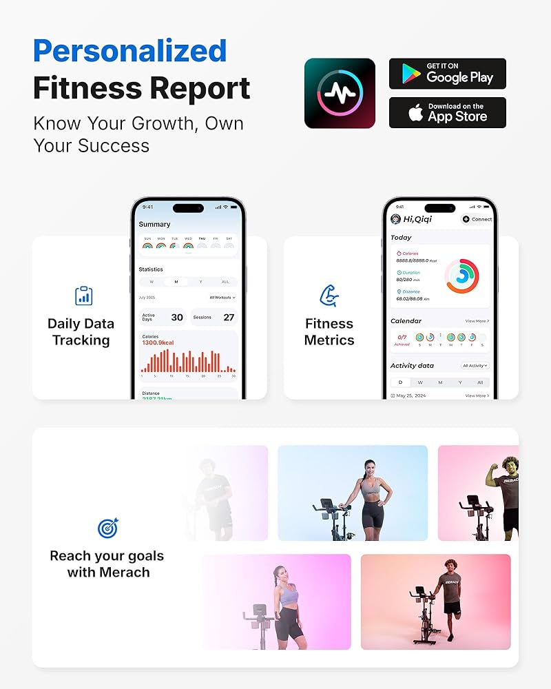 MERACH Exercise Bike, Brake Pad Stationary Bike with Exclusive App, Low Noise Indoor Cycling Bike with 300lbs Weight Capacity, Tablet Mount and Fitness Courses for Weight Loss