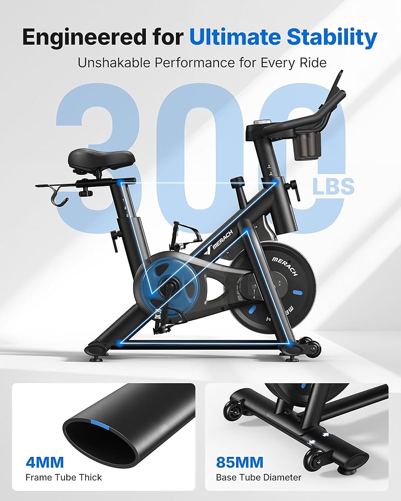 MERACH Exercise Bike, Brake Pad Stationary Bike with Exclusive App, Low Noise Indoor Cycling Bike with 300lbs Weight Capacity, Tablet Mount and Fitness Courses for Weight Loss