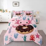 Erosebridal Axolotl Bedding Set,Dessert Donut Princess Twin Comforter Set Fantasy Axolotl Ocean Botancial Starfish Print Down Comforter Pink Decor Kawaii Quilt Set with 1 Pillow Case