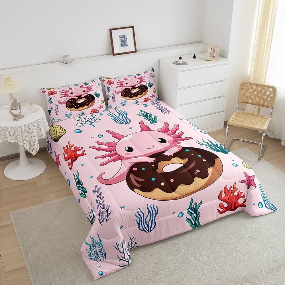 Erosebridal Axolotl Bedding Set,Dessert Donut Princess Twin Comforter Set Fantasy Axolotl Ocean Botancial Starfish Print Down Comforter Pink Decor Kawaii Quilt Set with 1 Pillow Case