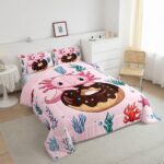 Erosebridal Axolotl Bedding Set,Dessert Donut Princess Twin Comforter Set Fantasy Axolotl Ocean Botancial Starfish Print Down Comforter Pink Decor Kawaii Quilt Set with 1 Pillow Case