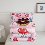 Erosebridal Axolotl Bedding Set,Dessert Donut Princess Twin Comforter Set Fantasy Axolotl Ocean Botancial Starfish Print Down Comforter Pink Decor Kawaii Quilt Set with 1 Pillow Case
