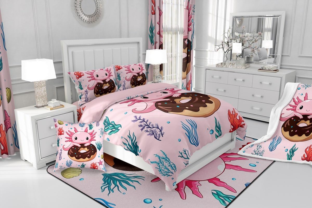 Erosebridal Axolotl Bedding Set,Dessert Donut Princess Twin Comforter Set Fantasy Axolotl Ocean Botancial Starfish Print Down Comforter Pink Decor Kawaii Quilt Set with 1 Pillow Case