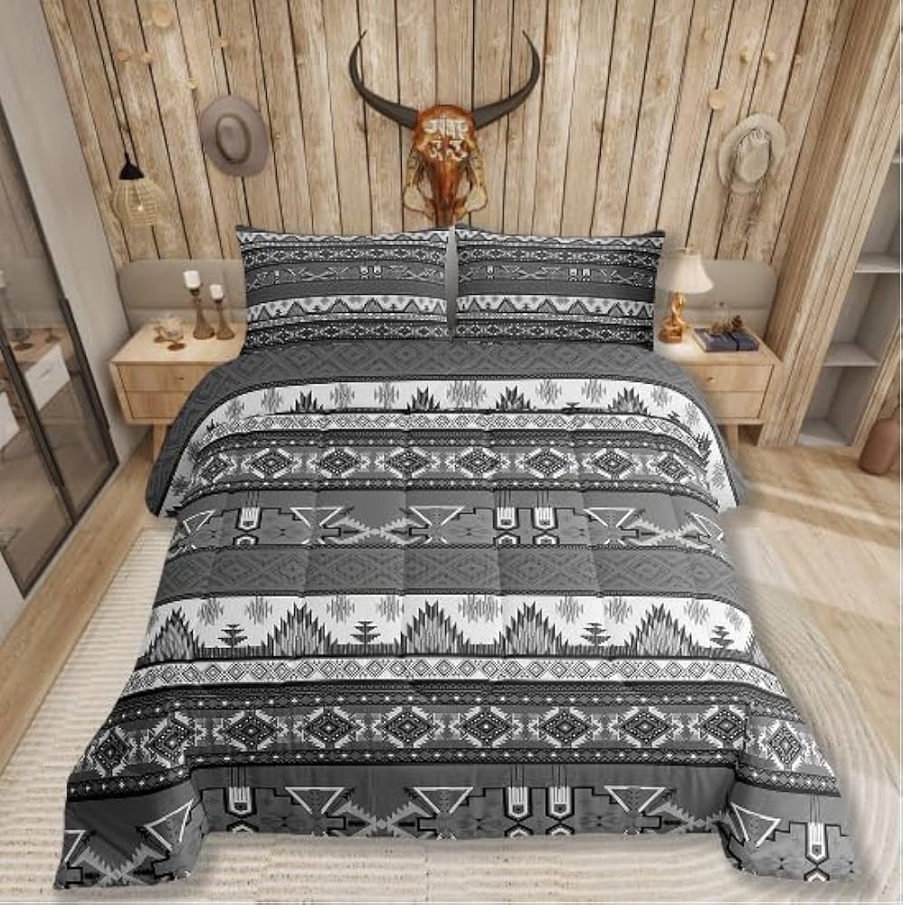 Southwestern Comforter Set Western Tribal Rustic Aztec Bedding Set for Women Men Native American Quilt Country Boho Bohemian Down Comforter Twin Geometric Gray Striped