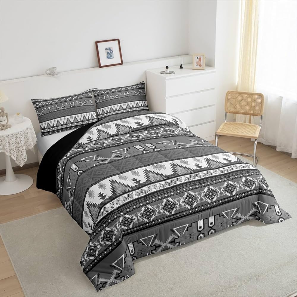 Southwestern Comforter Set Western Tribal Rustic Aztec Bedding Set for Women Men Native American Quilt Country Boho Bohemian Down Comforter Twin Geometric Gray Striped
