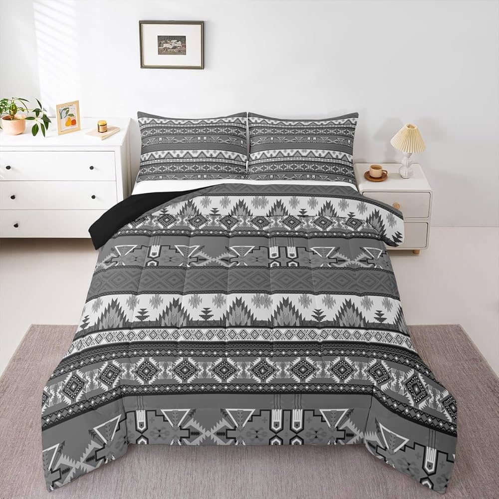 Southwestern Comforter Set Western Tribal Rustic Aztec Bedding Set for Women Men Native American Quilt Country Boho Bohemian Down Comforter Twin Geometric Gray Striped