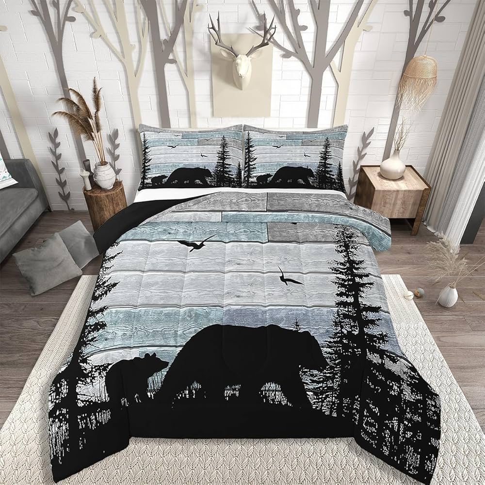 Erosebridal Rustic Comforter Set for Boys,Full Farmhouse Cabin Bear Bedding Set for Women Men Adults Bedroom Decor,Forest Lodge Cabin Quilt Woodland Country Duvet Insert