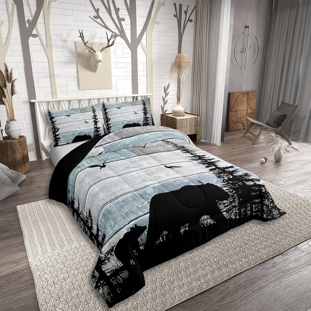 Erosebridal Rustic Comforter Set for Boys,Full Farmhouse Cabin Bear Bedding Set for Women Men Adults Bedroom Decor,Forest Lodge Cabin Quilt Woodland Country Duvet Insert