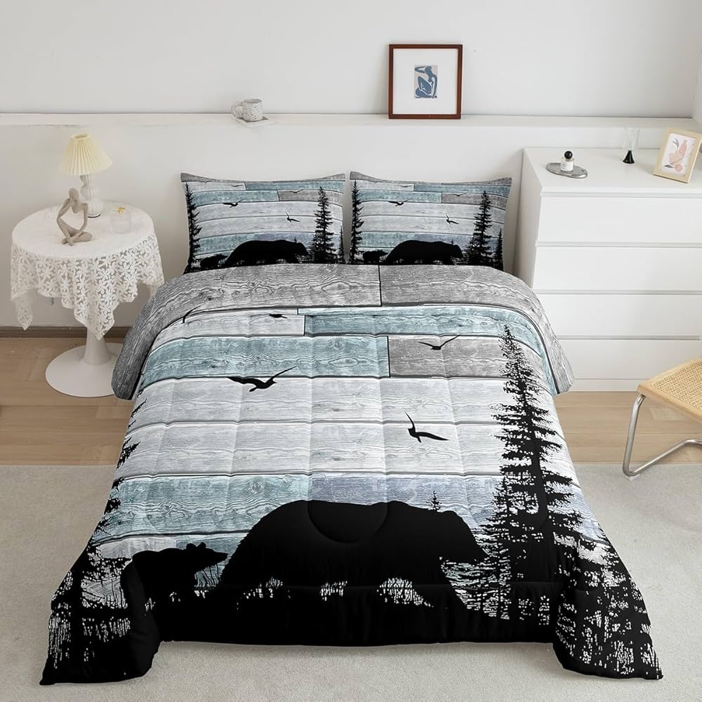 Erosebridal Rustic Comforter Set for Boys,Full Farmhouse Cabin Bear Bedding Set for Women Men Adults Bedroom Decor,Forest Lodge Cabin Quilt Woodland Country Duvet Insert
