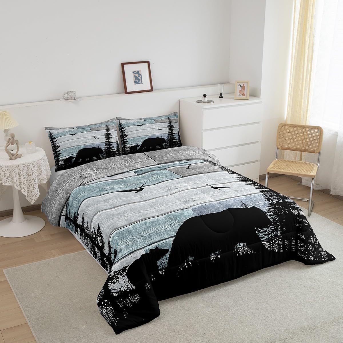 Erosebridal Rustic Comforter Set for Boys,Full Farmhouse Cabin Bear Bedding Set for Women Men Adults Bedroom Decor,Forest Lodge Cabin Quilt Woodland Country Duvet Insert